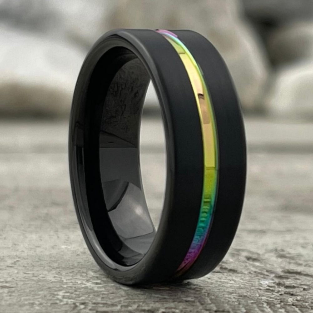 New Black Tungsten Rainbow Groove 8mm Band Ring.